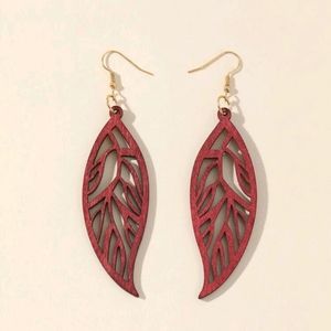 Wood Red Leaf Drop Earrings